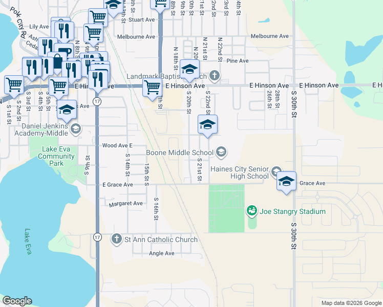 map of restaurants, bars, coffee shops, grocery stores, and more near 302 South 21st Street in Haines City