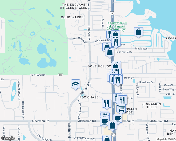 map of restaurants, bars, coffee shops, grocery stores, and more near 3406 Primrose Way in Palm Harbor
