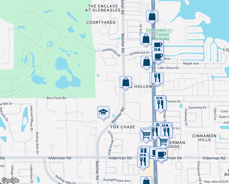 map of restaurants, bars, coffee shops, grocery stores, and more near 3420 Primrose Way in Palm Harbor