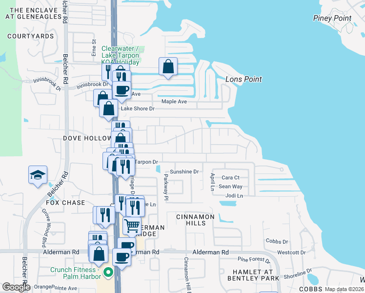 map of restaurants, bars, coffee shops, grocery stores, and more near 184 Independence Avenue in Palm Harbor