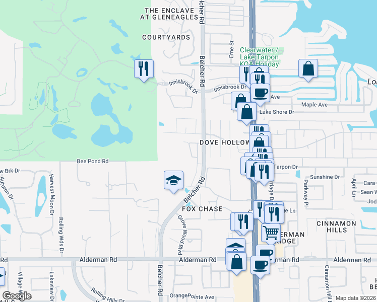 map of restaurants, bars, coffee shops, grocery stores, and more near 3420 Primrose Way in Palm Harbor