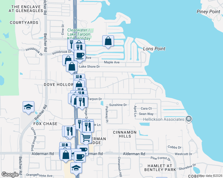 map of restaurants, bars, coffee shops, grocery stores, and more near 45 Concord Lane in Palm Harbor