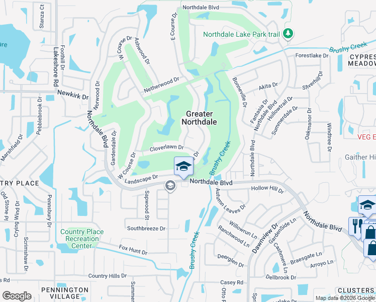 map of restaurants, bars, coffee shops, grocery stores, and more near 4606 Brownwood Court in Greater Northdale