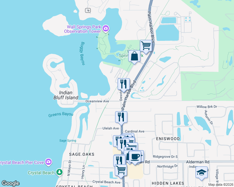 map of restaurants, bars, coffee shops, grocery stores, and more near 555 Oceanside Court in Palm Harbor