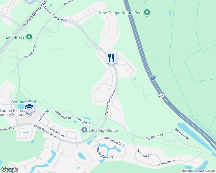 map of restaurants, bars, coffee shops, grocery stores, and more near 16065 Bella Woods Drive in Tampa