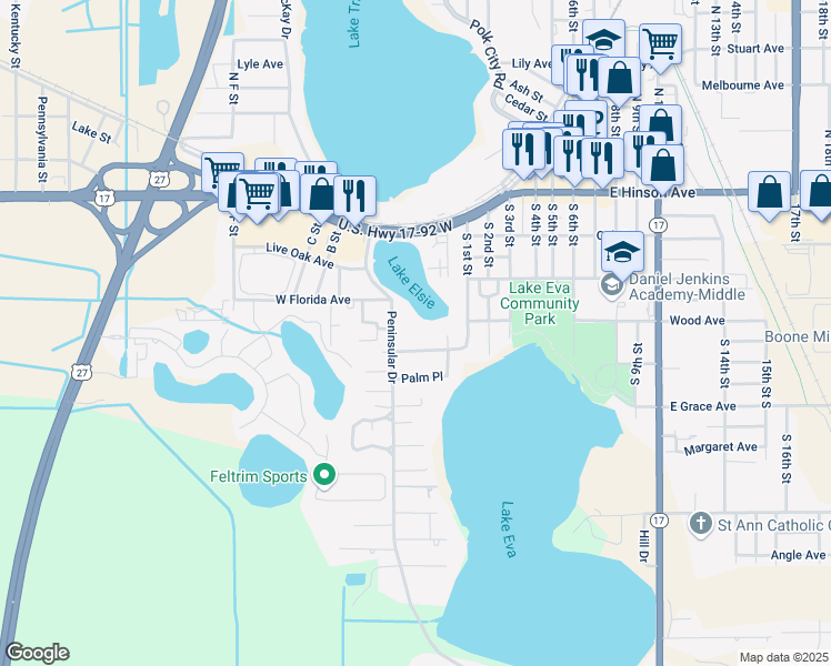 map of restaurants, bars, coffee shops, grocery stores, and more near 301 Peninsular Drive in Haines City