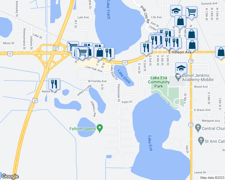 map of restaurants, bars, coffee shops, grocery stores, and more near 266 Peninsular Drive in Haines City