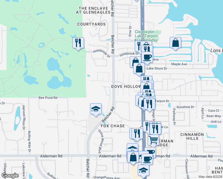 map of restaurants, bars, coffee shops, grocery stores, and more near 3490 Primrose Way in Palm Harbor