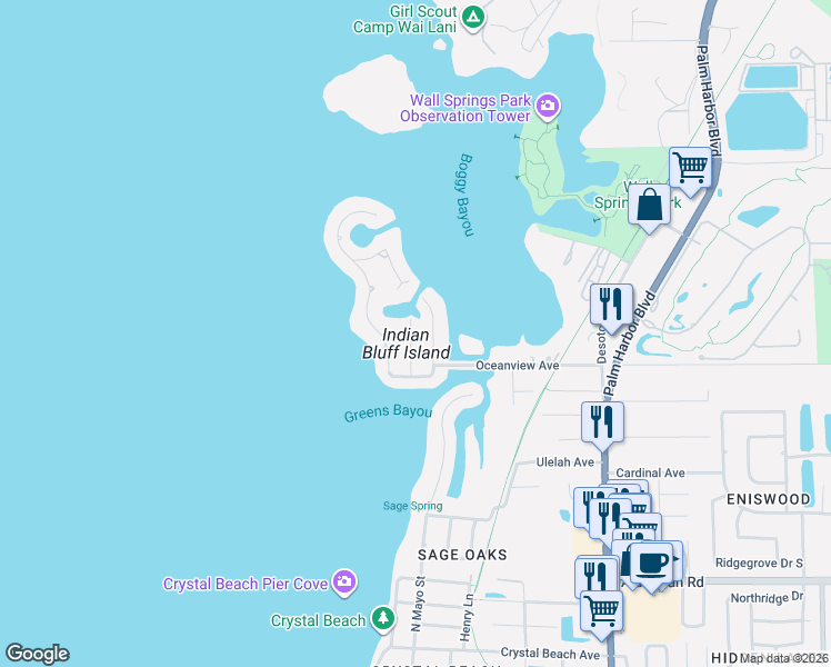 map of restaurants, bars, coffee shops, grocery stores, and more near 114 Peterson Lane in Palm Harbor
