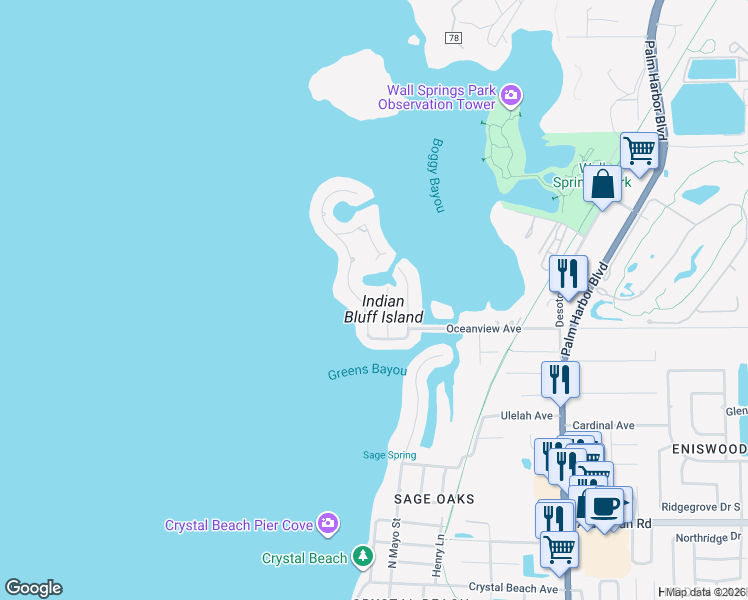map of restaurants, bars, coffee shops, grocery stores, and more near 114 Peterson Lane in Palm Harbor