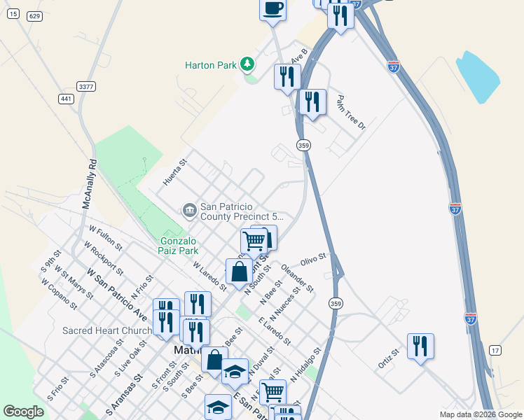 map of restaurants, bars, coffee shops, grocery stores, and more near 304 West Freeman Street in Mathis