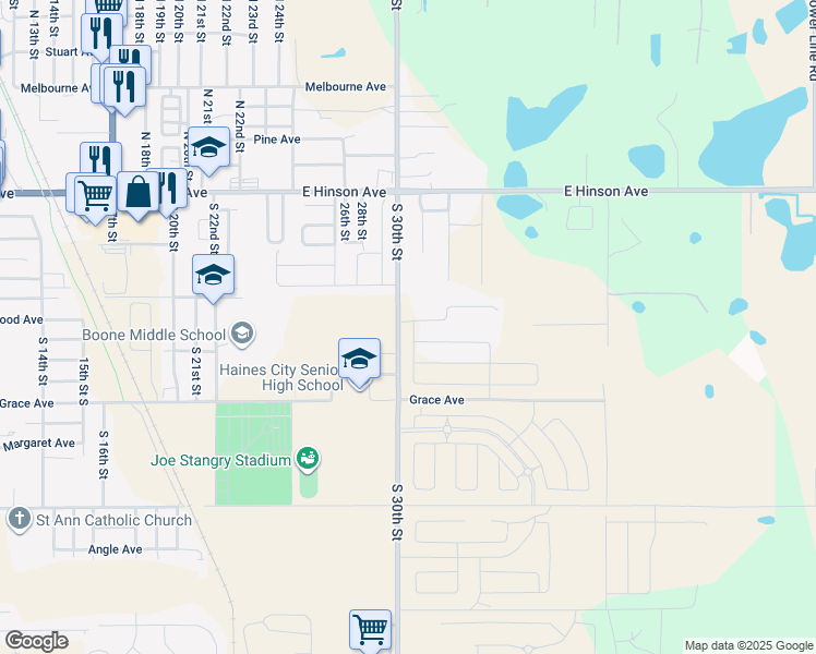 map of restaurants, bars, coffee shops, grocery stores, and more near 198 Dees Road in Haines City