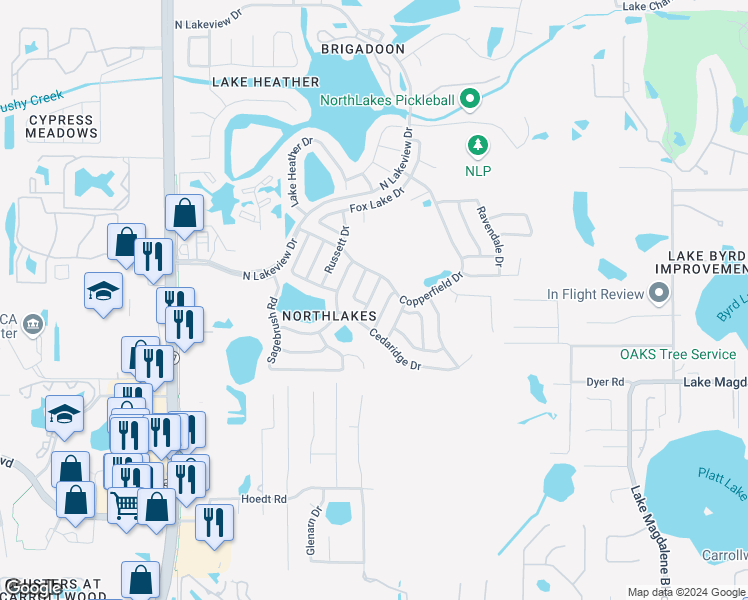 map of restaurants, bars, coffee shops, grocery stores, and more near 16013 Woodpine Drive in Tampa