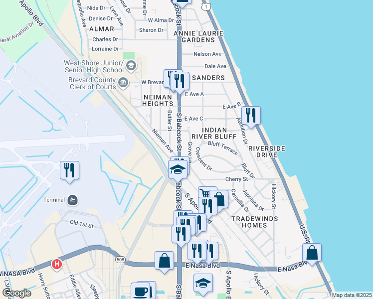 map of restaurants, bars, coffee shops, grocery stores, and more near 422 Grove Lane in Melbourne