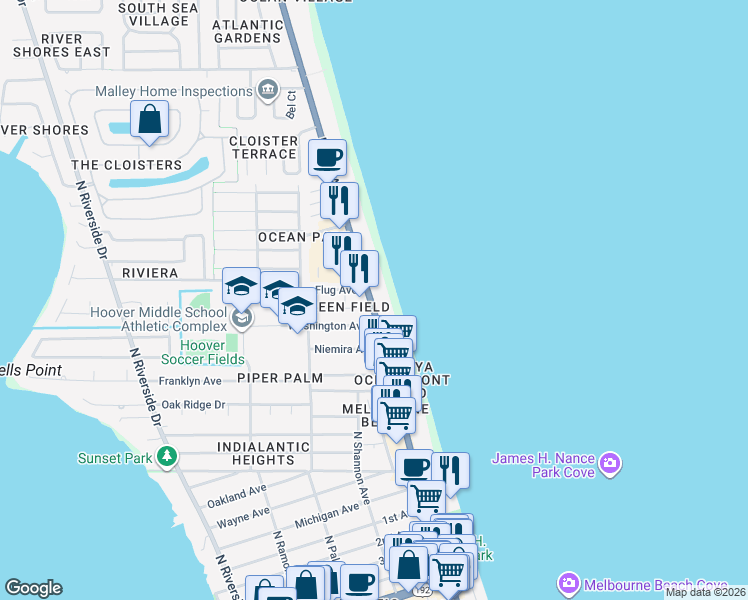 map of restaurants, bars, coffee shops, grocery stores, and more near 1115 North Highway A1A in Indialantic