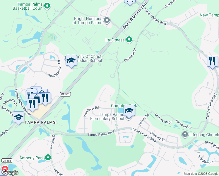 map of restaurants, bars, coffee shops, grocery stores, and more near 16128 Ancroft Court in Tampa