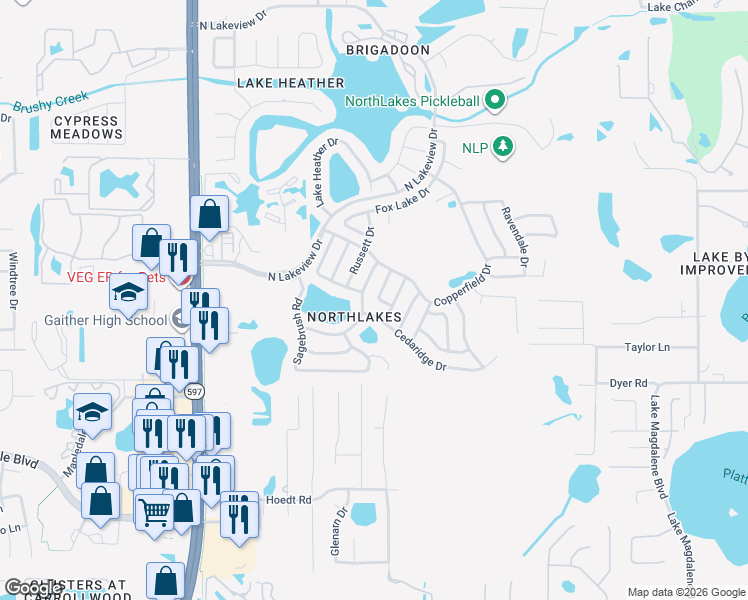 map of restaurants, bars, coffee shops, grocery stores, and more near 16015 Splitlog Drive in Tampa