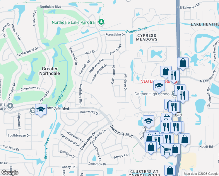 map of restaurants, bars, coffee shops, grocery stores, and more near 16203 Oakmanor Drive in Tampa