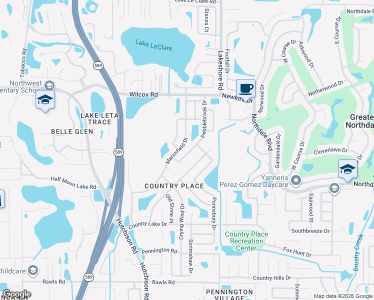 map of restaurants, bars, coffee shops, grocery stores, and more near 16122 Pebblebrook Drive in Tampa