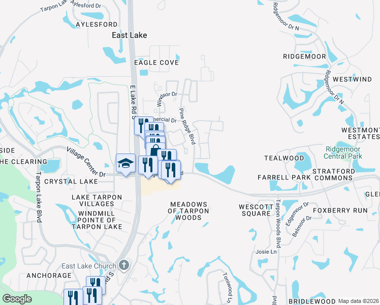 map of restaurants, bars, coffee shops, grocery stores, and more near 3588 Wembley Way in Palm Harbor