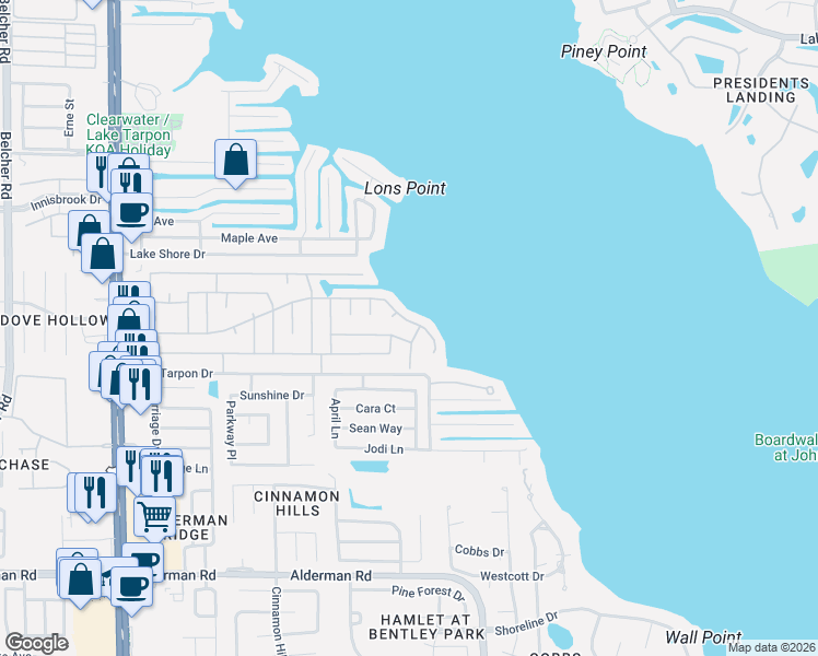 map of restaurants, bars, coffee shops, grocery stores, and more near 293 Colonial Boulevard in Palm Harbor