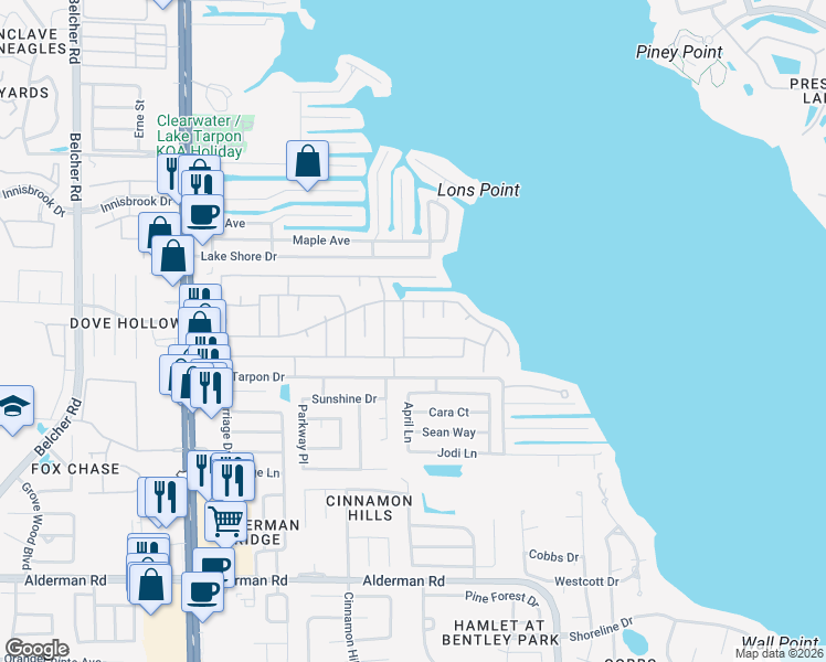 map of restaurants, bars, coffee shops, grocery stores, and more near 46 Lexington Court in Palm Harbor