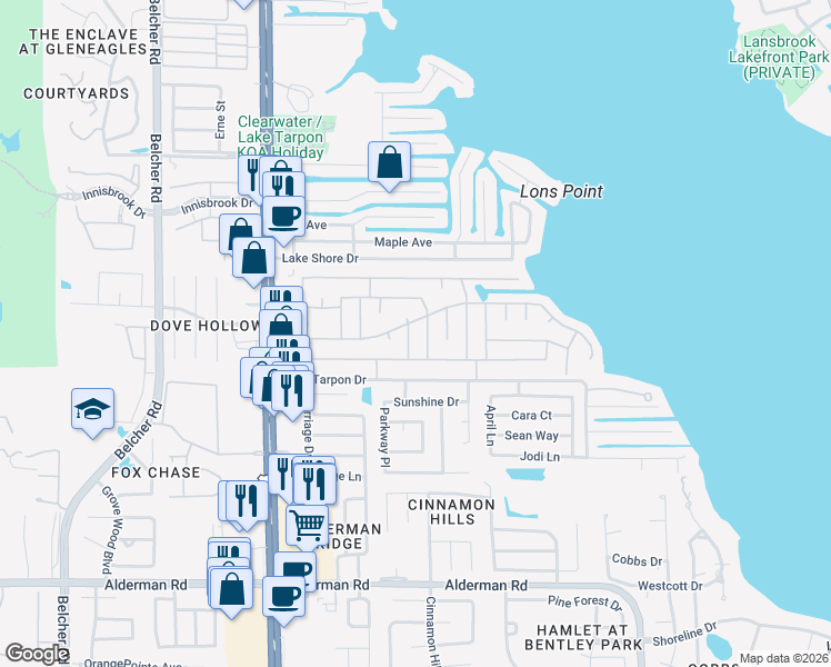 map of restaurants, bars, coffee shops, grocery stores, and more near 45 Concord Lane in Palm Harbor