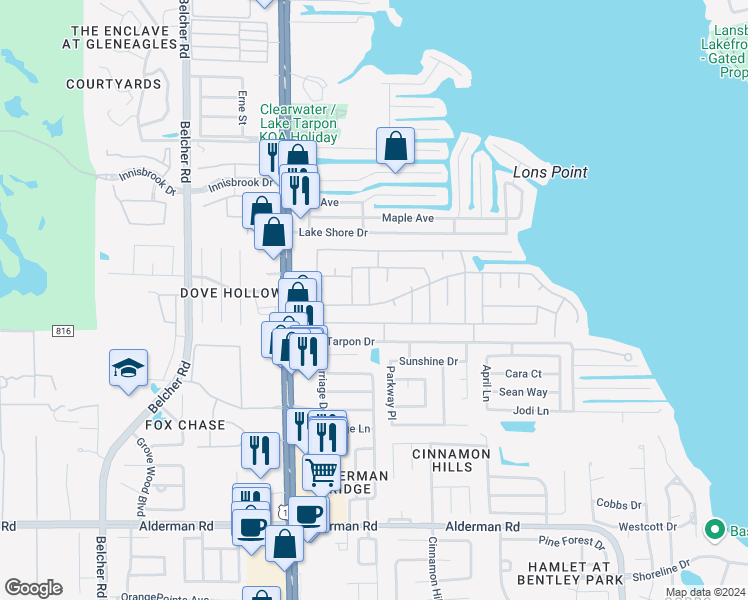 map of restaurants, bars, coffee shops, grocery stores, and more near 41 New England Court in Palm Harbor