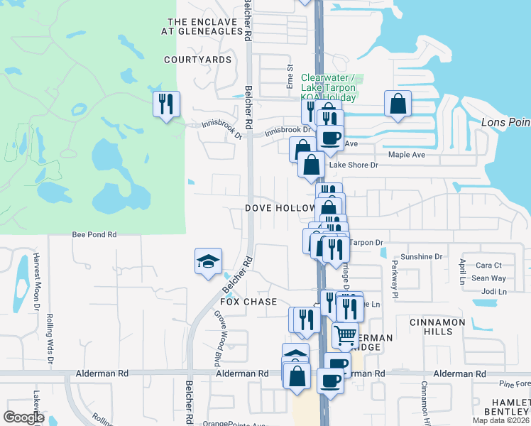 map of restaurants, bars, coffee shops, grocery stores, and more near 3485 Snowy Egret Court in Palm Harbor