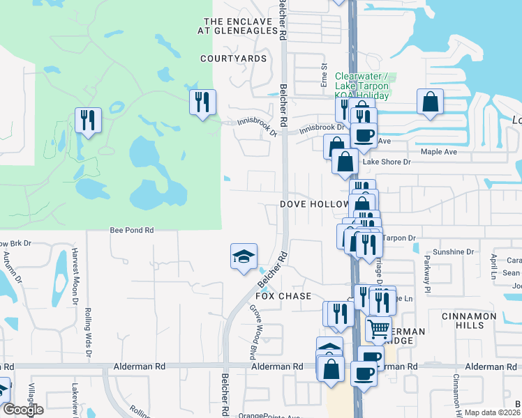 map of restaurants, bars, coffee shops, grocery stores, and more near 3462 Primrose Way in Palm Harbor