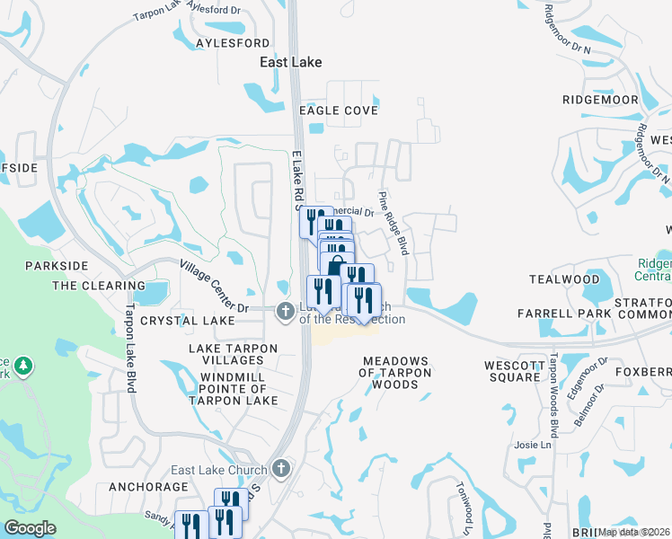 map of restaurants, bars, coffee shops, grocery stores, and more near 36235 East Lake Road South in Palm Harbor