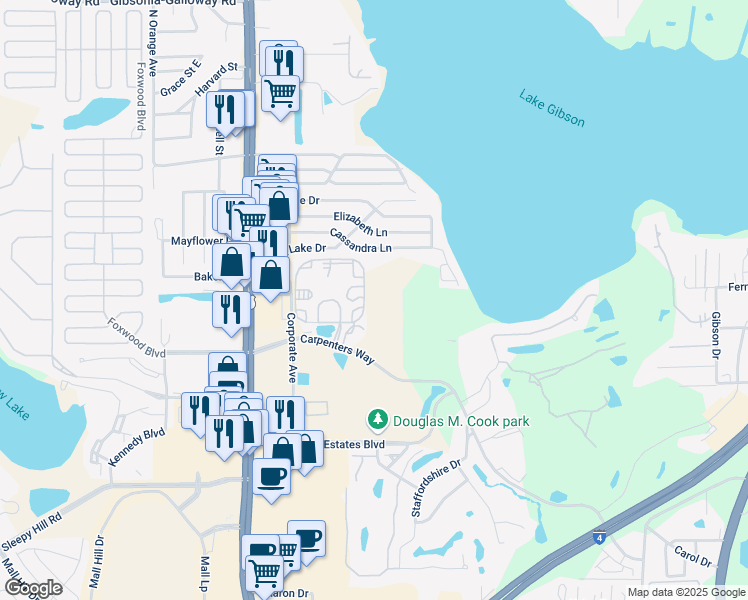 map of restaurants, bars, coffee shops, grocery stores, and more near 1001 Carpenters Way in Lakeland