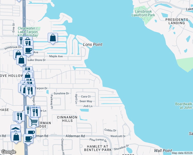 map of restaurants, bars, coffee shops, grocery stores, and more near 111 Hamilton Avenue in Palm Harbor