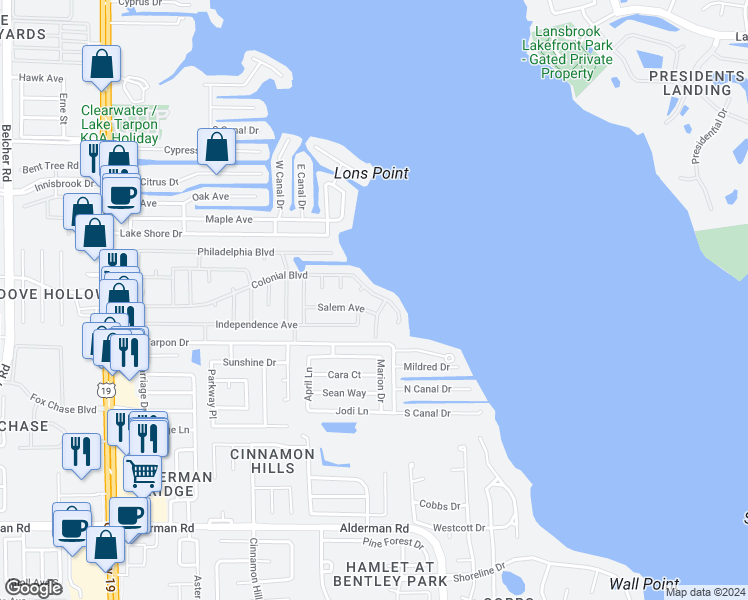 map of restaurants, bars, coffee shops, grocery stores, and more near 294 Colonial Boulevard in Palm Harbor