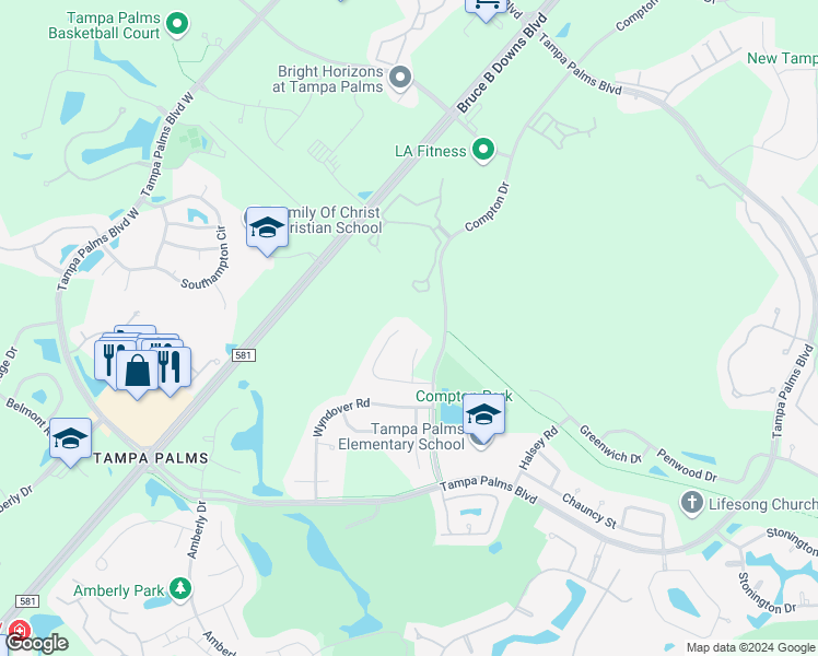 map of restaurants, bars, coffee shops, grocery stores, and more near 16125 Ancroft Court in Tampa
