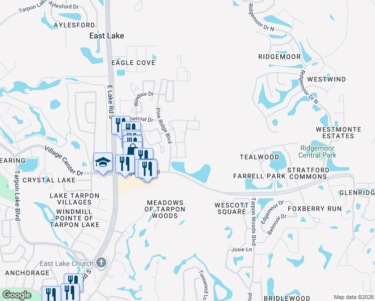 map of restaurants, bars, coffee shops, grocery stores, and more near 3521 Kings Road in Palm Harbor