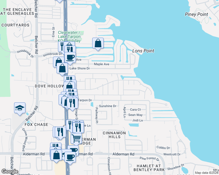 map of restaurants, bars, coffee shops, grocery stores, and more near 45 Concord Lane in Palm Harbor