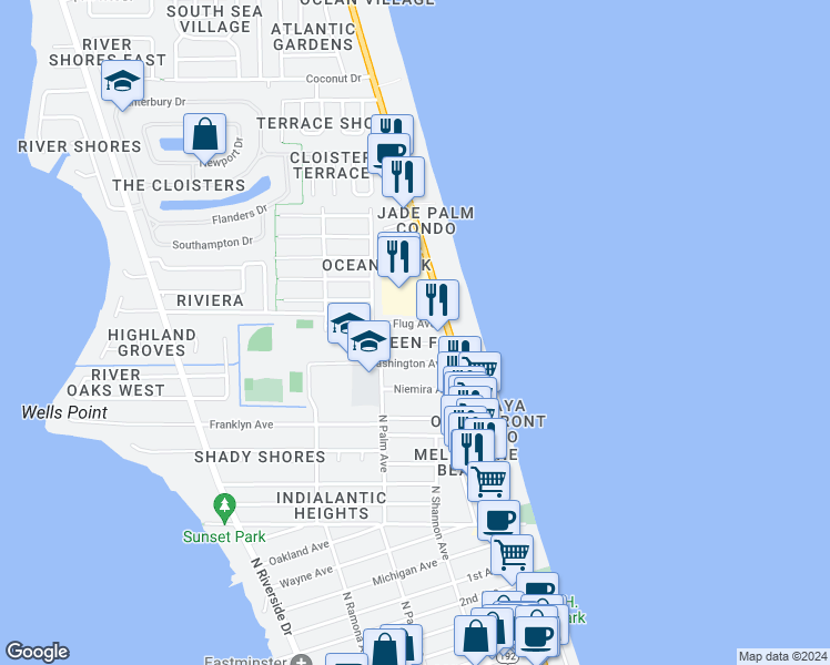 map of restaurants, bars, coffee shops, grocery stores, and more near 142 Palmetto Avenue in Indialantic