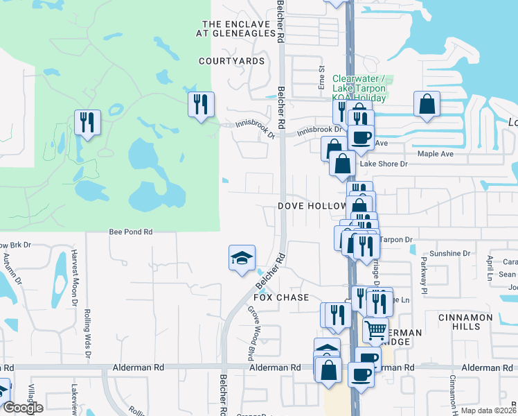 map of restaurants, bars, coffee shops, grocery stores, and more near 3452 Primrose Way in Palm Harbor