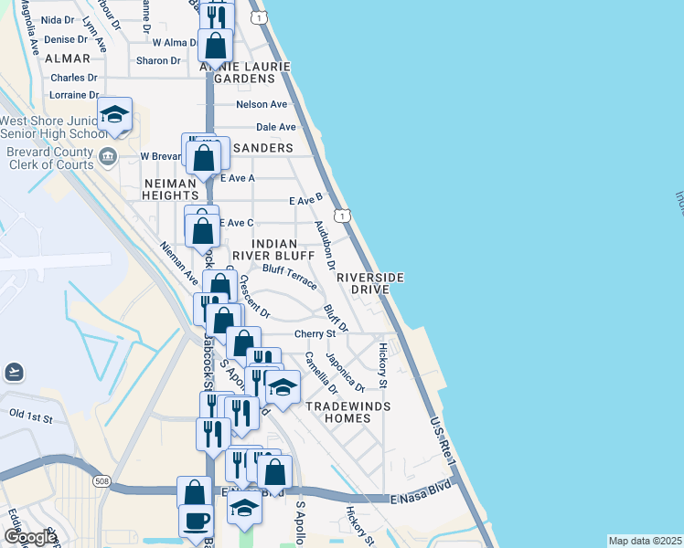 map of restaurants, bars, coffee shops, grocery stores, and more near 411a Audubon Drive in Melbourne