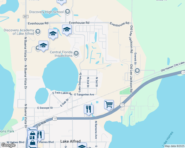 map of restaurants, bars, coffee shops, grocery stores, and more near 635 East Orange Avenue in Lake Alfred