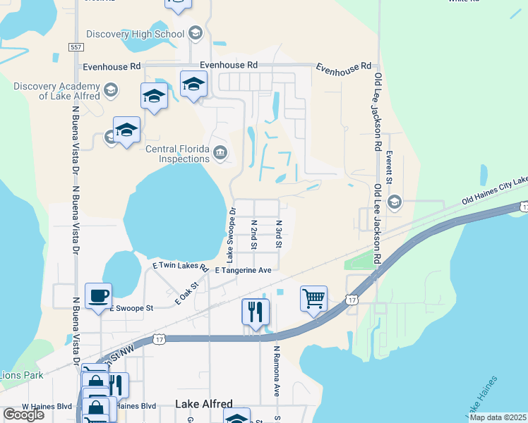 map of restaurants, bars, coffee shops, grocery stores, and more near 635 East Orange Avenue in Lake Alfred