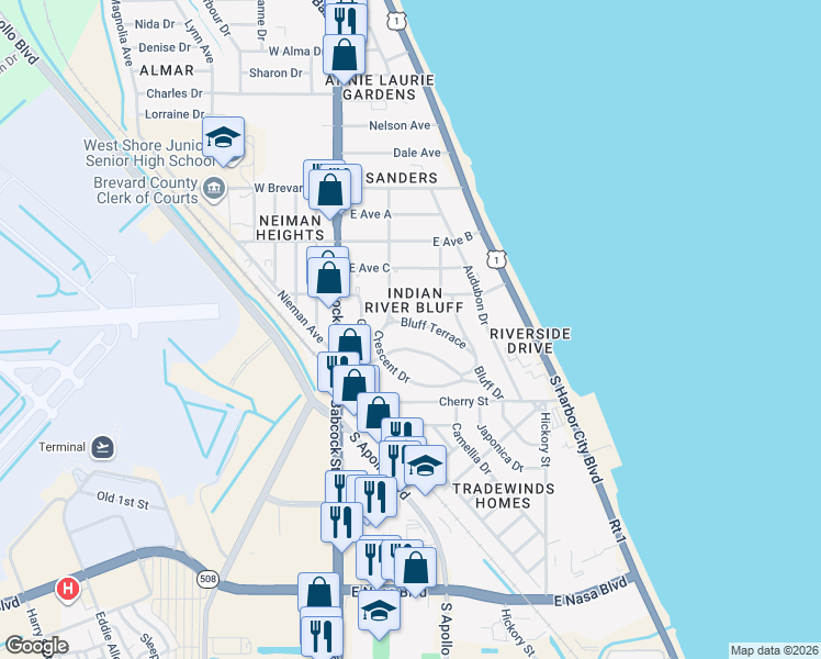 map of restaurants, bars, coffee shops, grocery stores, and more near 109 Bluff Terrace in Melbourne