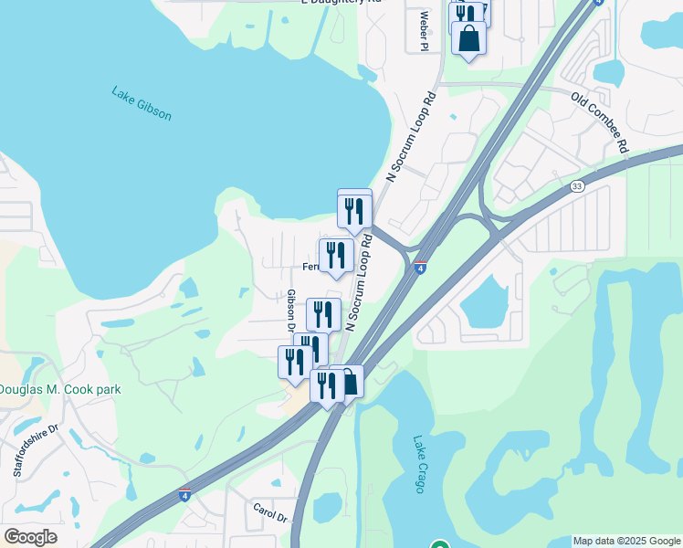 map of restaurants, bars, coffee shops, grocery stores, and more near 4620 North Socrum Loop Road in Lakeland