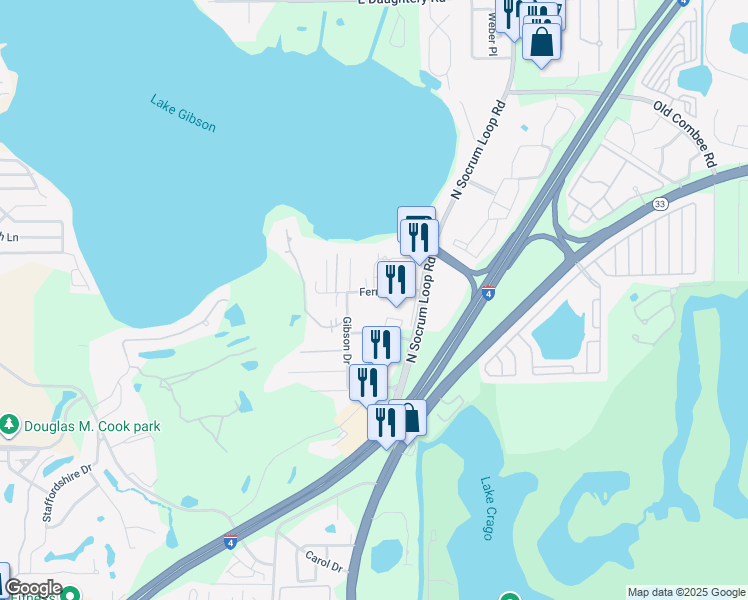 map of restaurants, bars, coffee shops, grocery stores, and more near 225 Fernery Rd in Lakeland