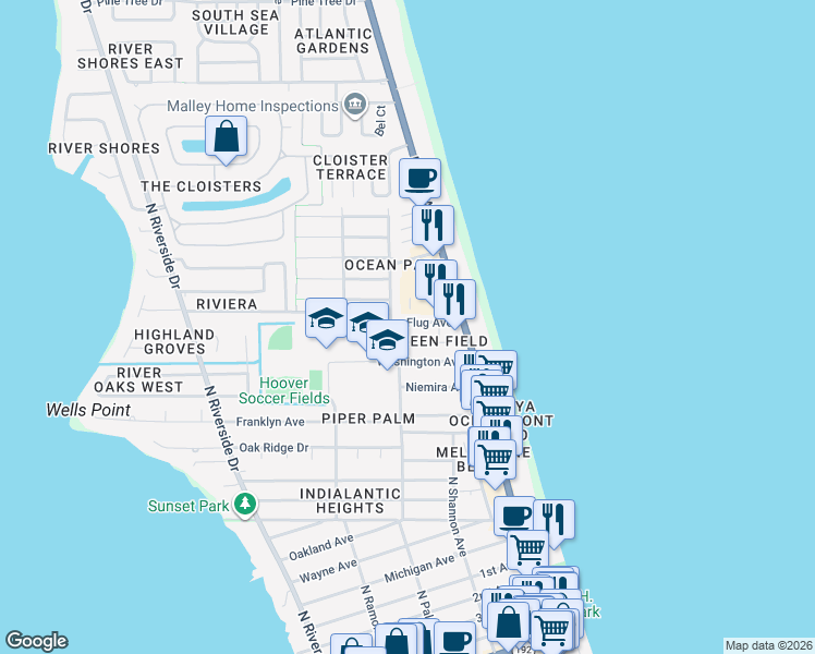 map of restaurants, bars, coffee shops, grocery stores, and more near 184 Palmetto Avenue in Indialantic