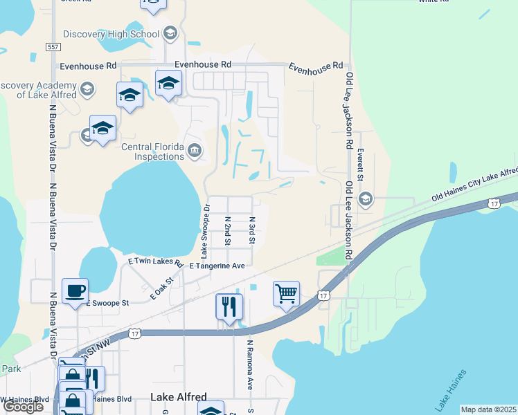 map of restaurants, bars, coffee shops, grocery stores, and more near 690 North 3rd Street in Lake Alfred