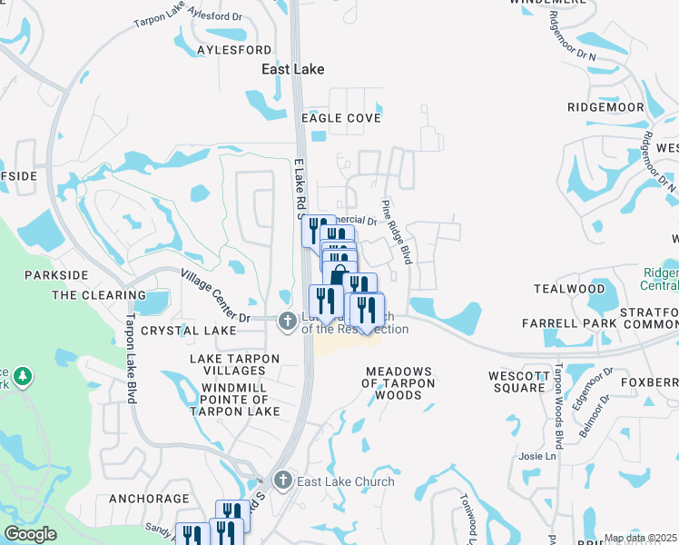 map of restaurants, bars, coffee shops, grocery stores, and more near 36301 East Lake Road South in Palm Harbor