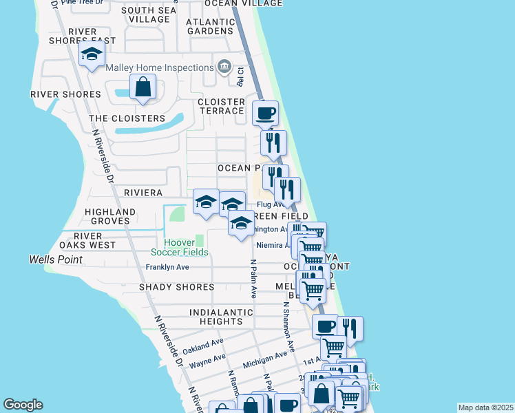map of restaurants, bars, coffee shops, grocery stores, and more near 160 Flug Avenue in Indialantic