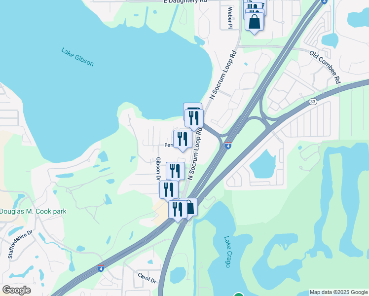map of restaurants, bars, coffee shops, grocery stores, and more near 4620 North Socrum Loop Road in Lakeland